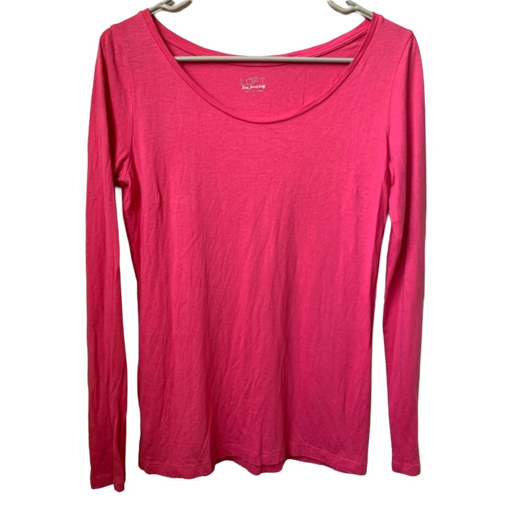 LOFT Women’s Salmon Pink Rounded Neck Long Sleeve Cotton Modal Tee Shirt Blouse